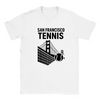 T-shirt featuring a graphic of San Francisco's iconic skyline with tennis elements
