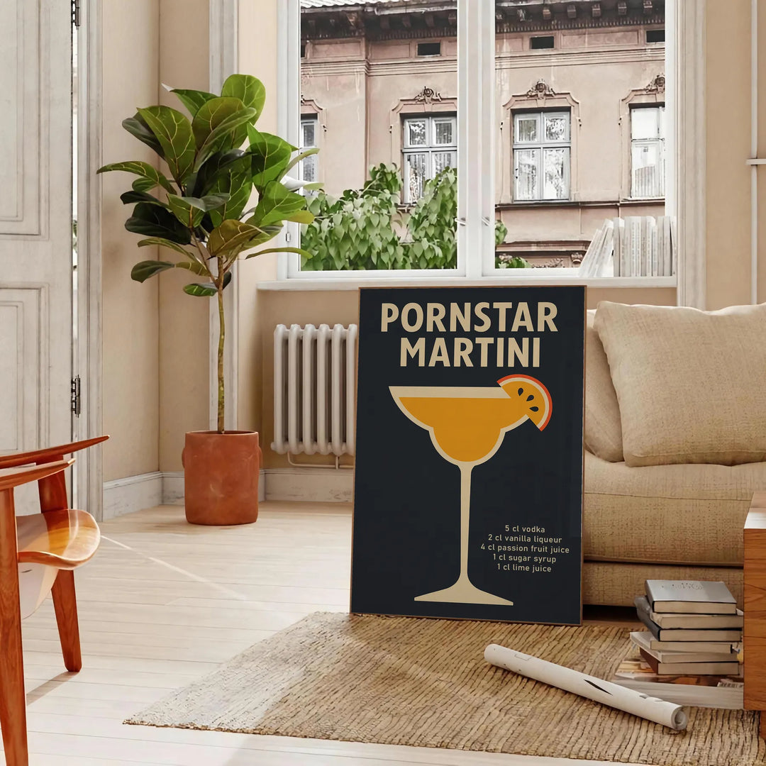 Black and gray modern poster of a Pornstar Martini cocktail illustration