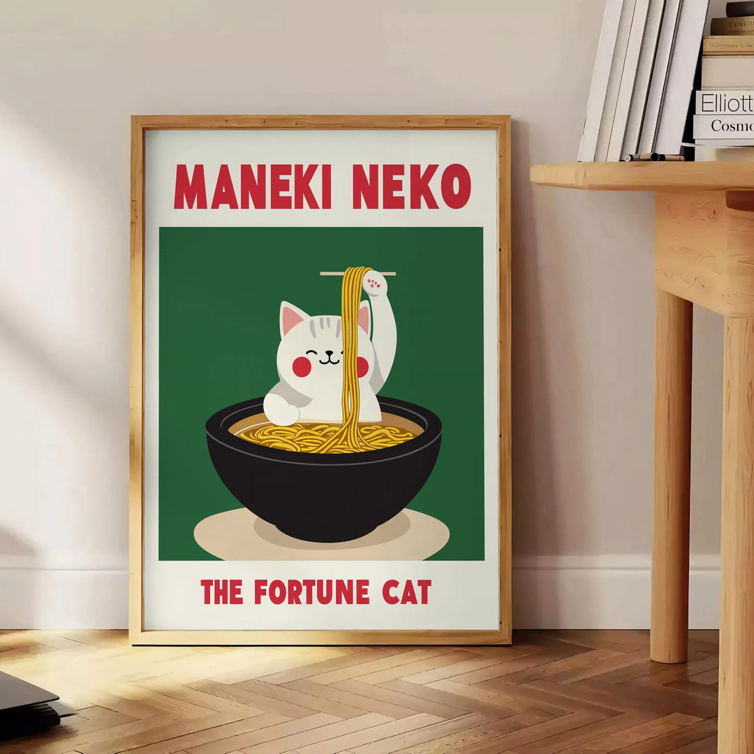 Green and gray Maneki Neko poster for kitchen, minimalist Japanese illustration