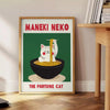 Green and gray Maneki Neko poster for kitchen, minimalist Japanese illustration