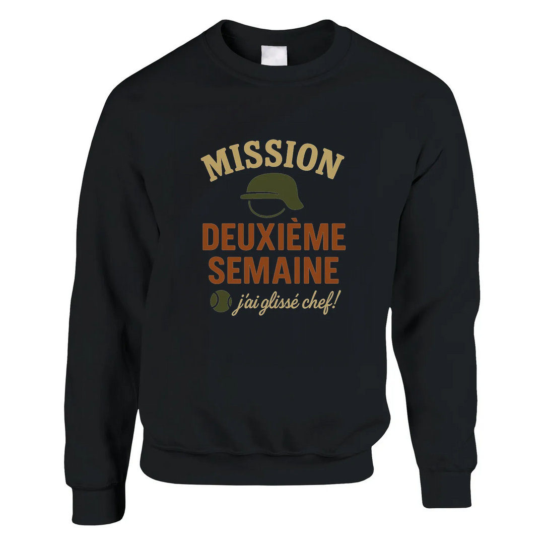Crewneck sweater featuring a graphic of tennis elements with text 'Mission 2eme Semaine Tennis'