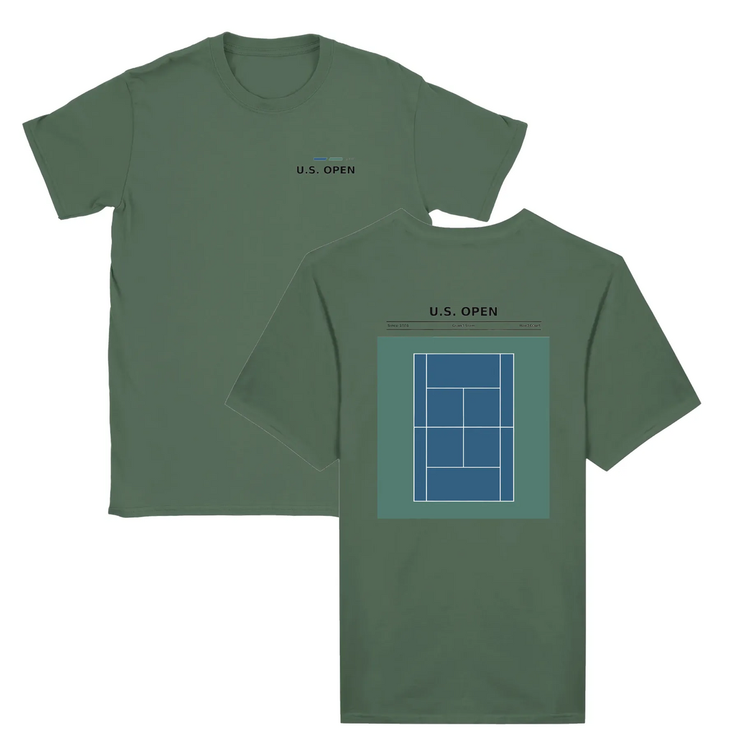 T-shirt featuring a graphic of a tennis player serving at the US Open