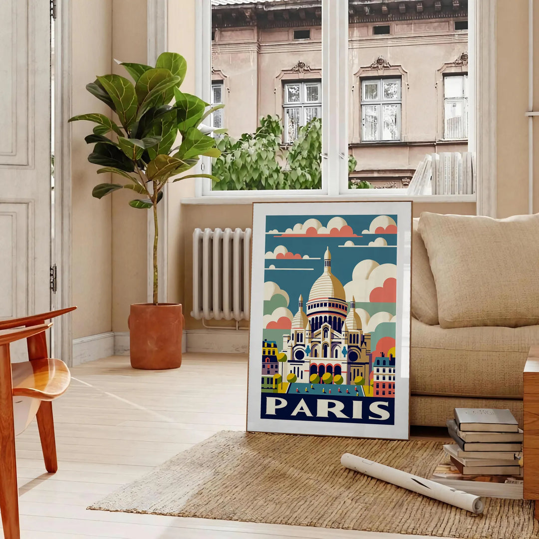 Vintage illustration of Sacré-Cœur in Paris, featuring orange and white tones