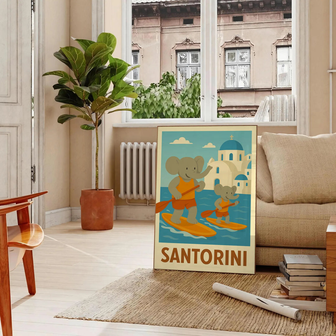 Whimsical illustration of a blue elephant paddling in Santorini