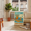 Whimsical illustration of a blue elephant paddling in Santorini