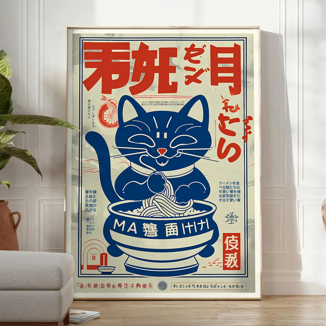 En fantasifull illustration av en kattkock som lagar ramen i ett färgglatt kök