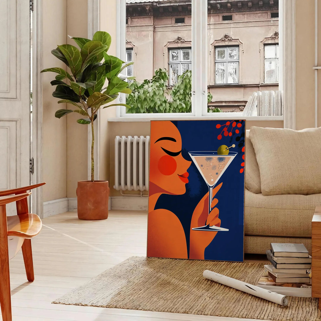 Plakāts Femme Martini, stilizēta sieviete ar martini oranžā un zaļā