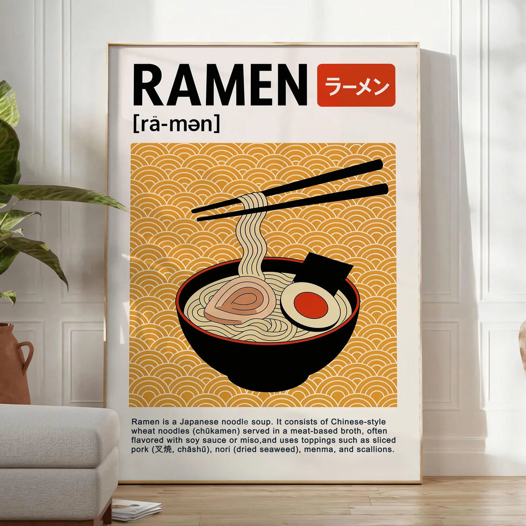 Tigela de ramen estilizada com fundo de cozinha em preto e vermelho