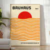 Bauhaus sun poster with red, orange and yellow geometric abstract design