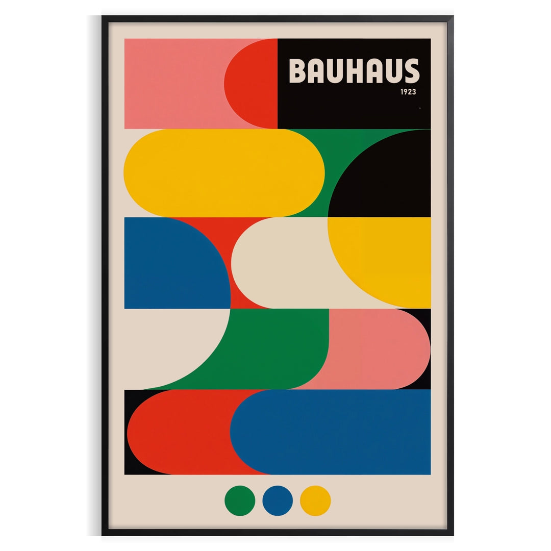 Bauhaus colored shapes poster in green and gray, minimalist geometric design