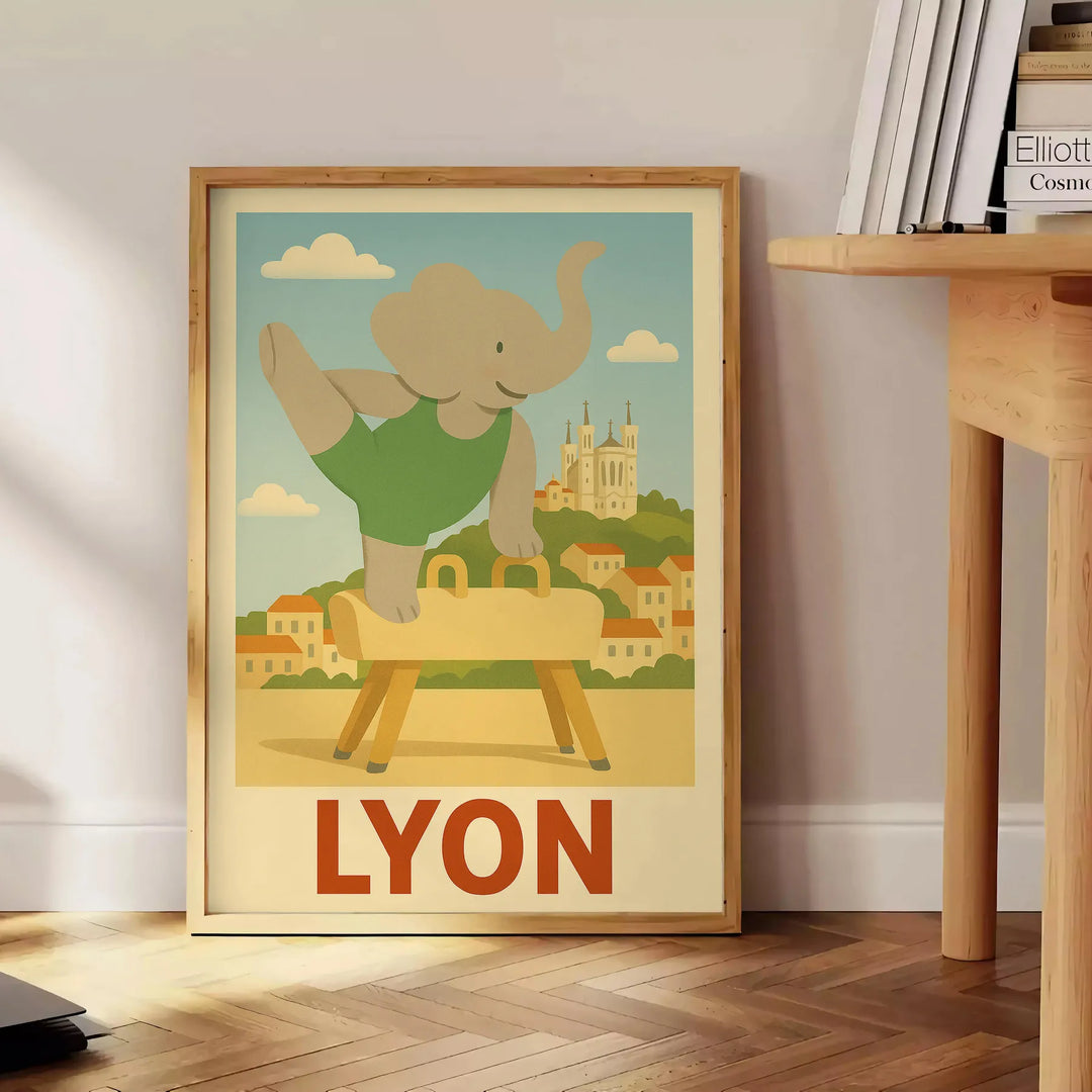 Gray and green kid poster featuring whimsical elephant doing gymnastics