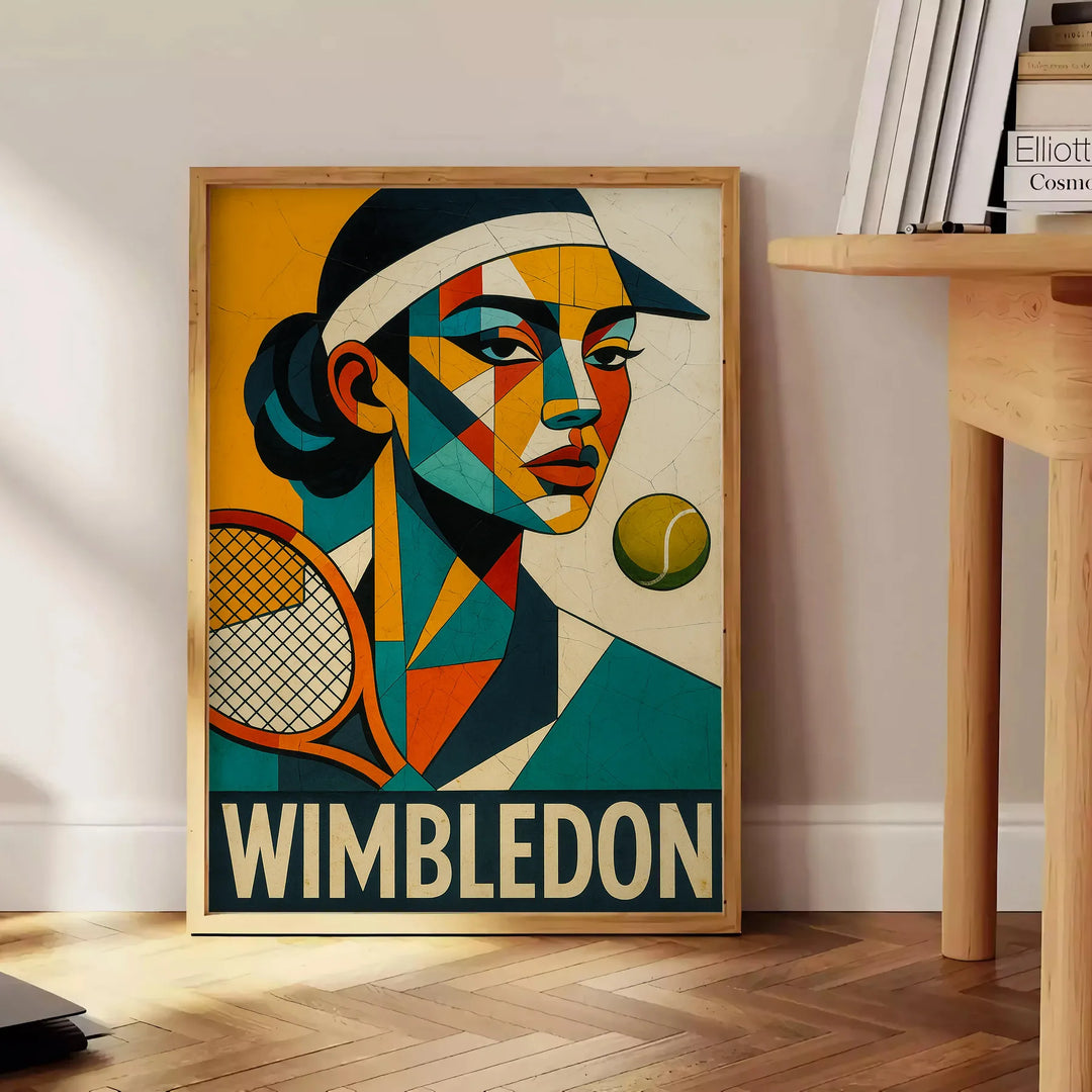 Wimbledon kubisma plakāts ar tenisa motīvu sarkanā un zaļā krāsā
