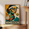 Wimbledon kubisma plakāts ar tenisa motīvu sarkanā un zaļā krāsā