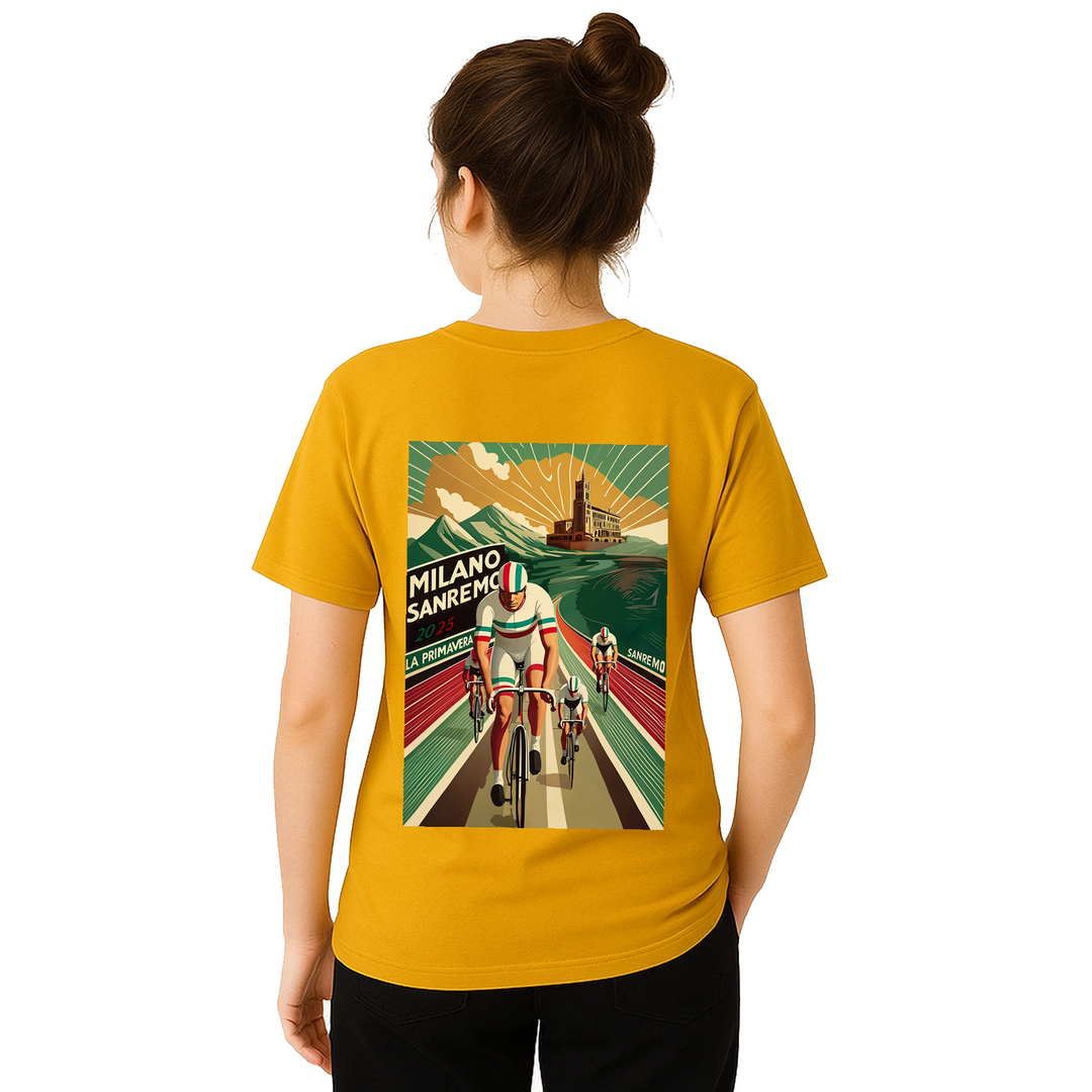 T-shirt featuring a graphic of the Milano–Sanremo cycling race