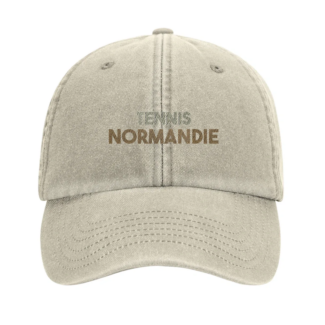 Embroidered cap featuring a vintage tennis design with Normandie text