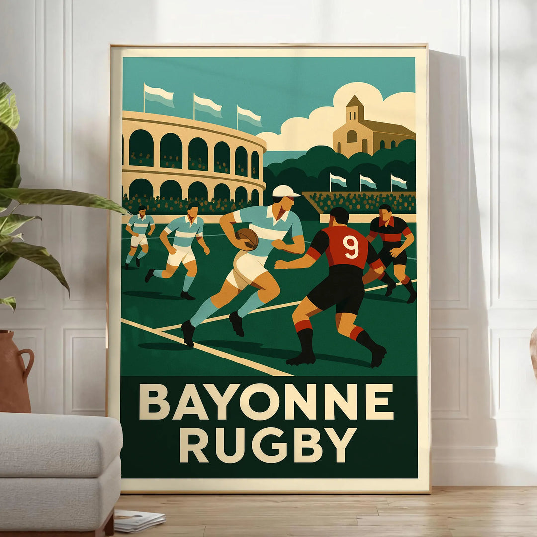 Bayonne rugby team action illustration in vintage Art Deco poster