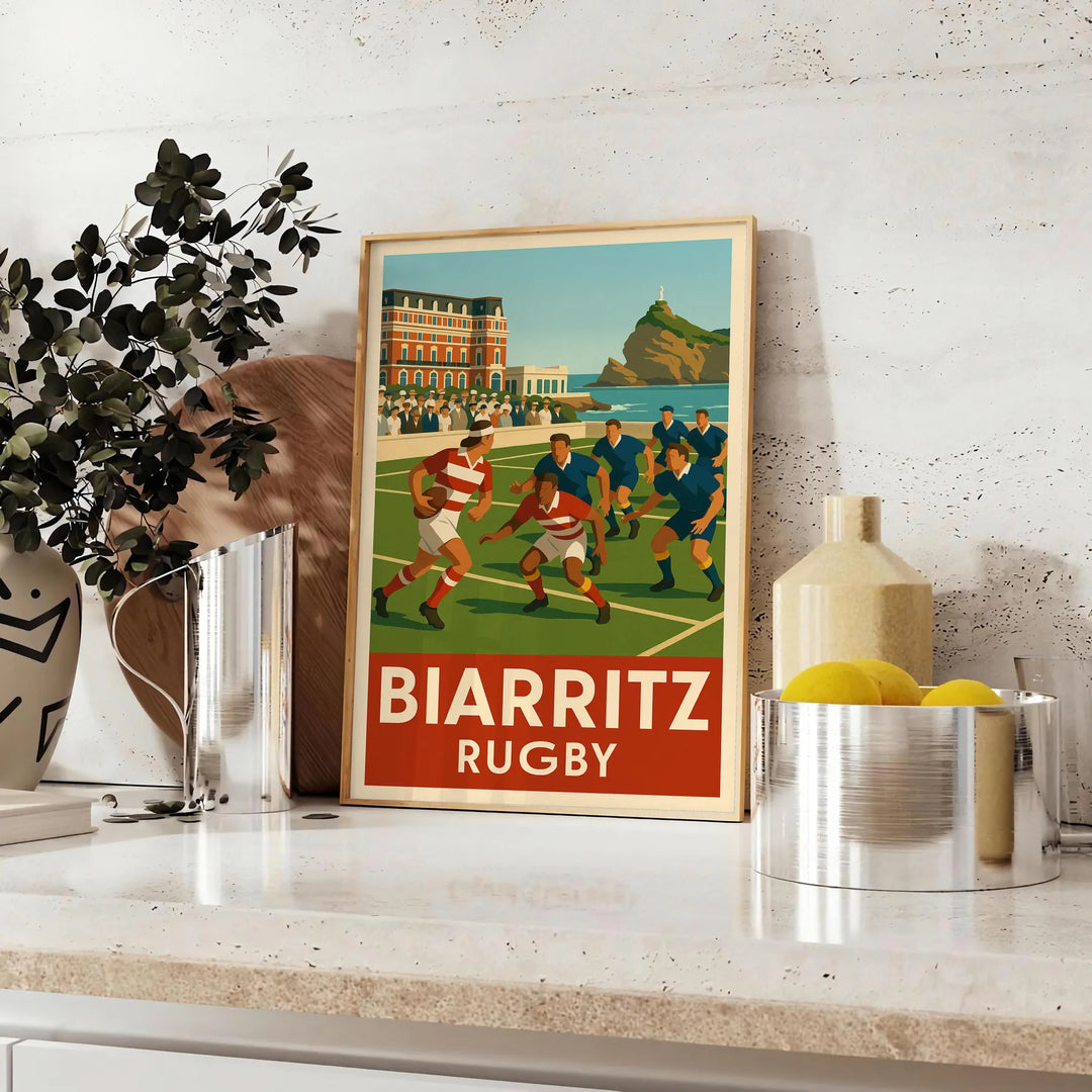 Biarritz rugby poster in vintage Art Deco style, dynamic player illustration