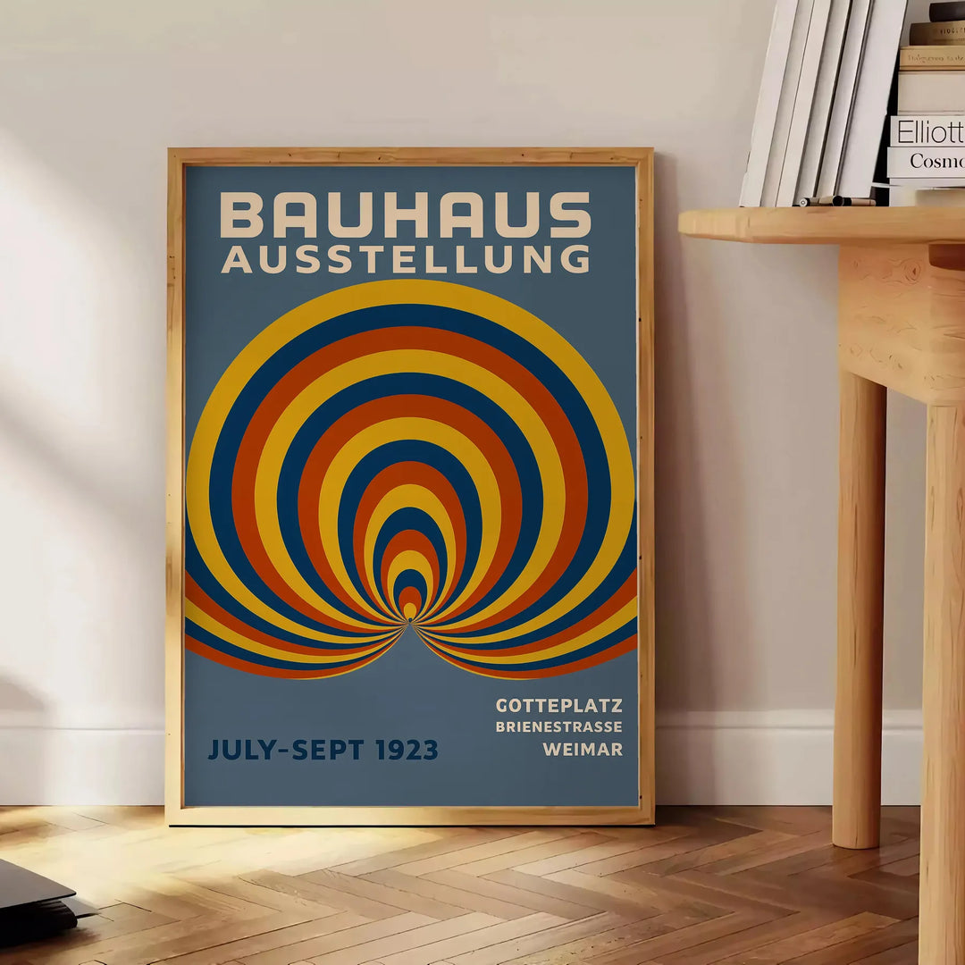 Bauhaus poster featuring abstract blue and green circular geometric design