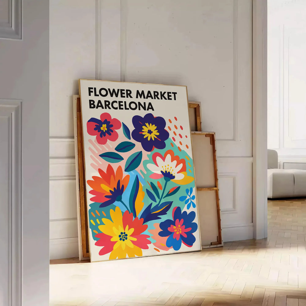 Poster showing Barcelona flower market botanical illustration in blue and orange