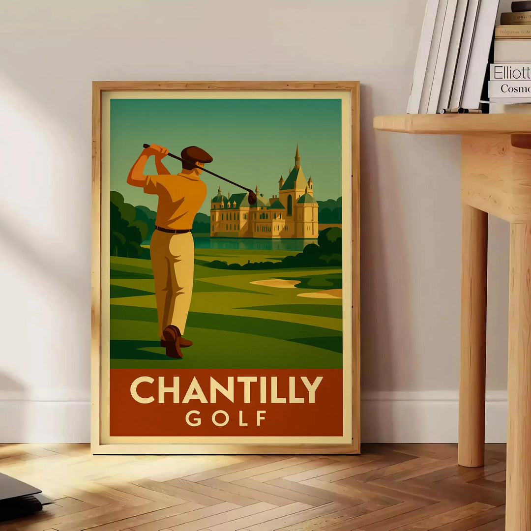 Vintage Chantilly golf poster with green and orange travel-style illustration