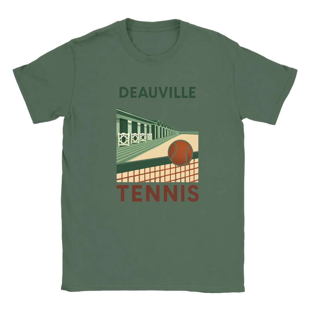 T-shirt featuring a graphic of tennis rackets and balls with Deauville text