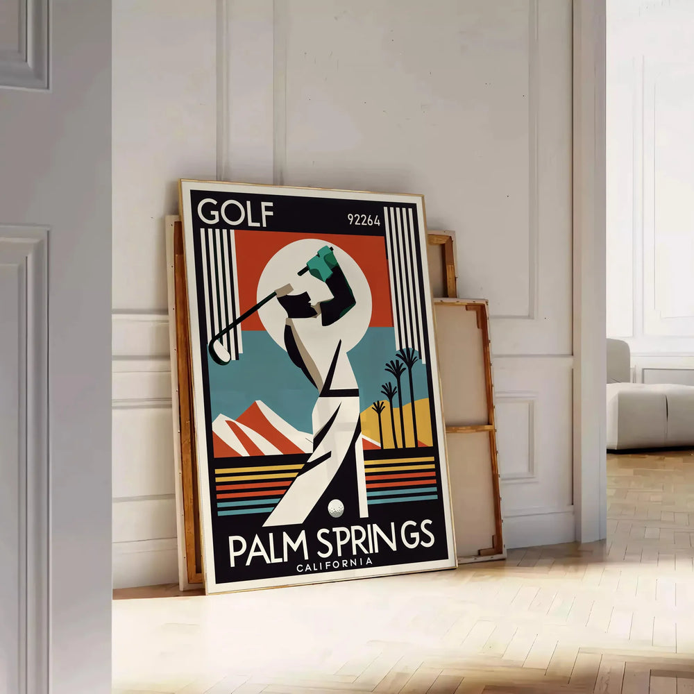 Palm Springs California golf poster featuring vintage brown and black illustration