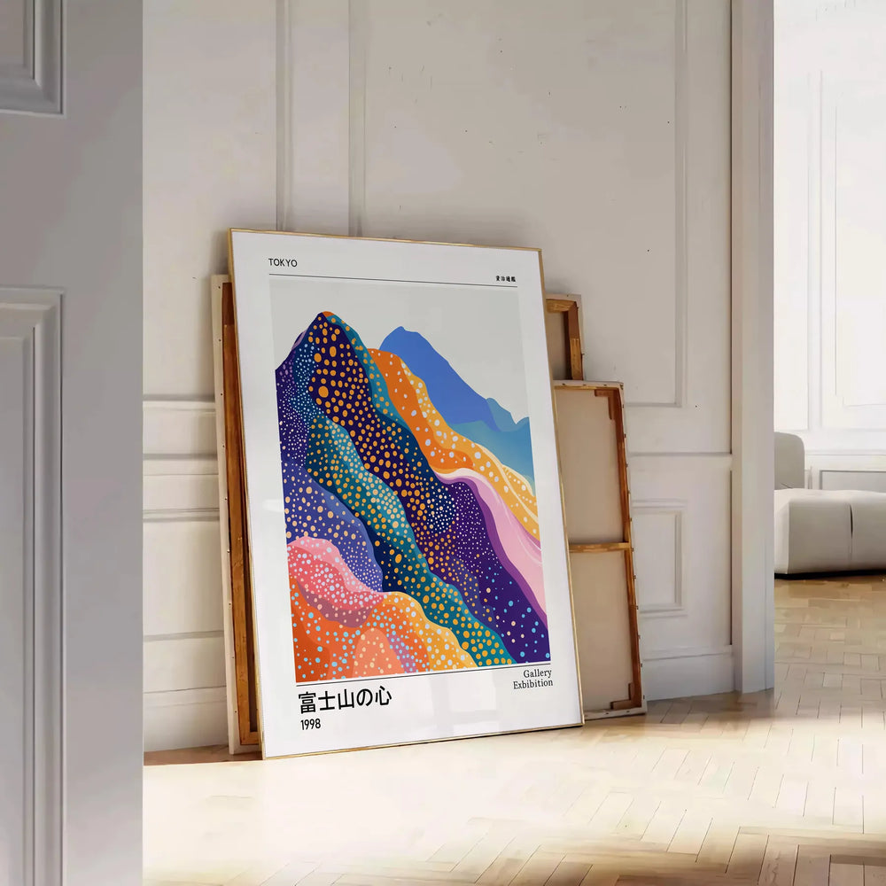 Poster of Fuji Spirit in Yayoi Kusama style, white and blue