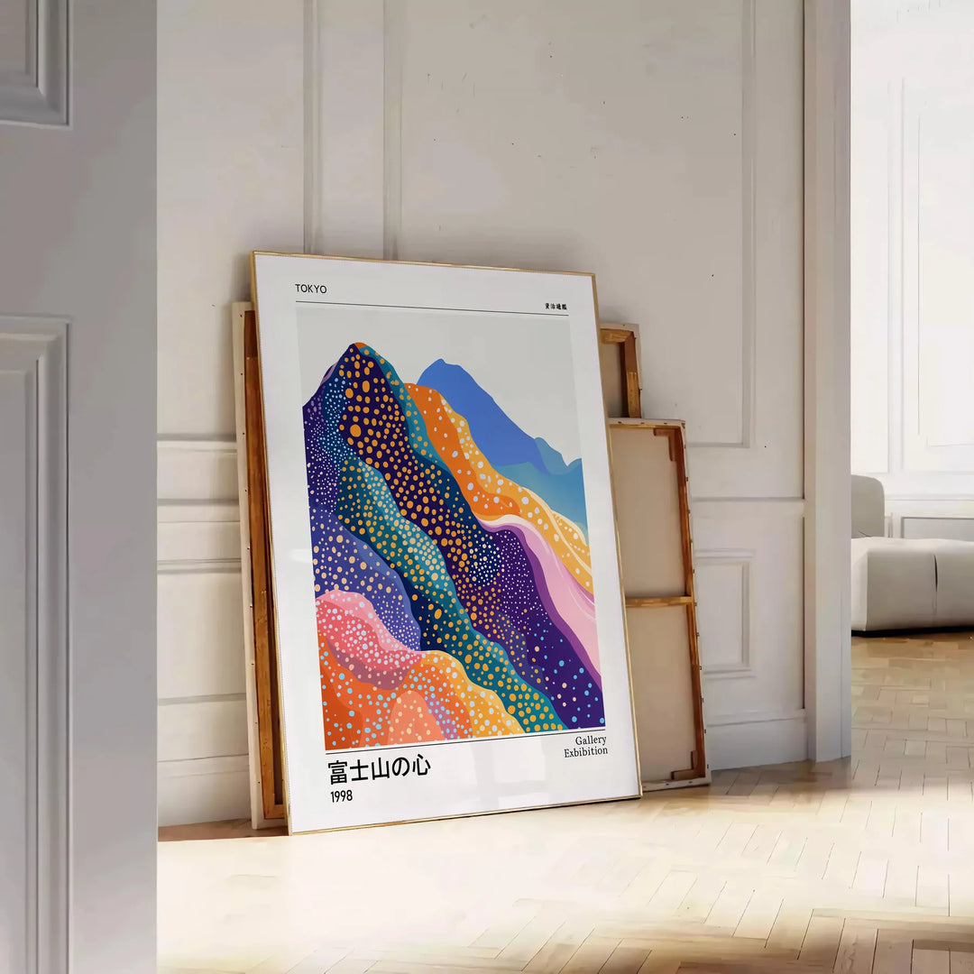 Poster Fuji Spirit im Yayoi Kusama Stil, weiß und blau