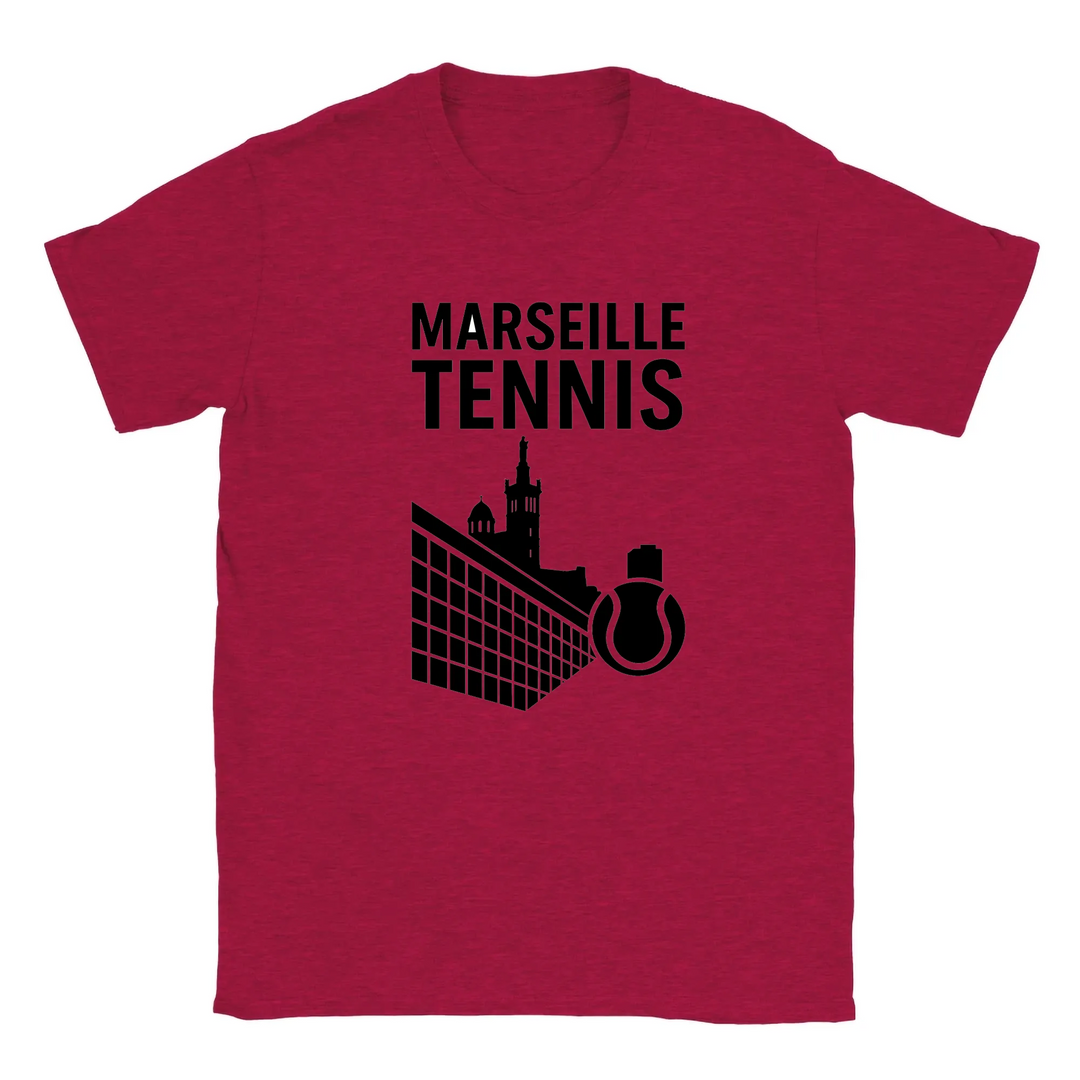 T-shirt featuring a graphic of tennis players in action with Marseille text