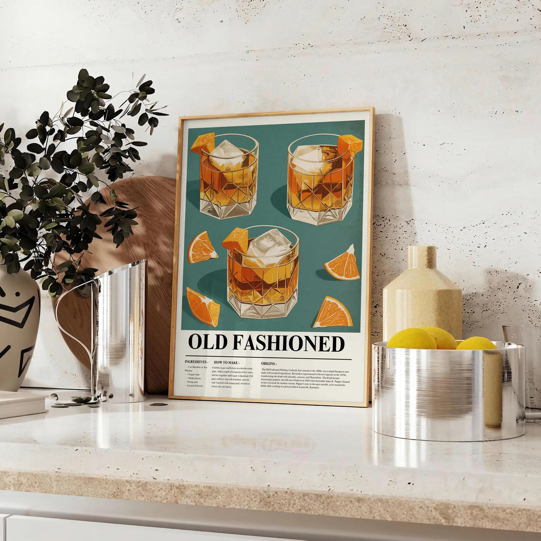 Vintage poster of an Old Fashioned cocktail in orange and gray