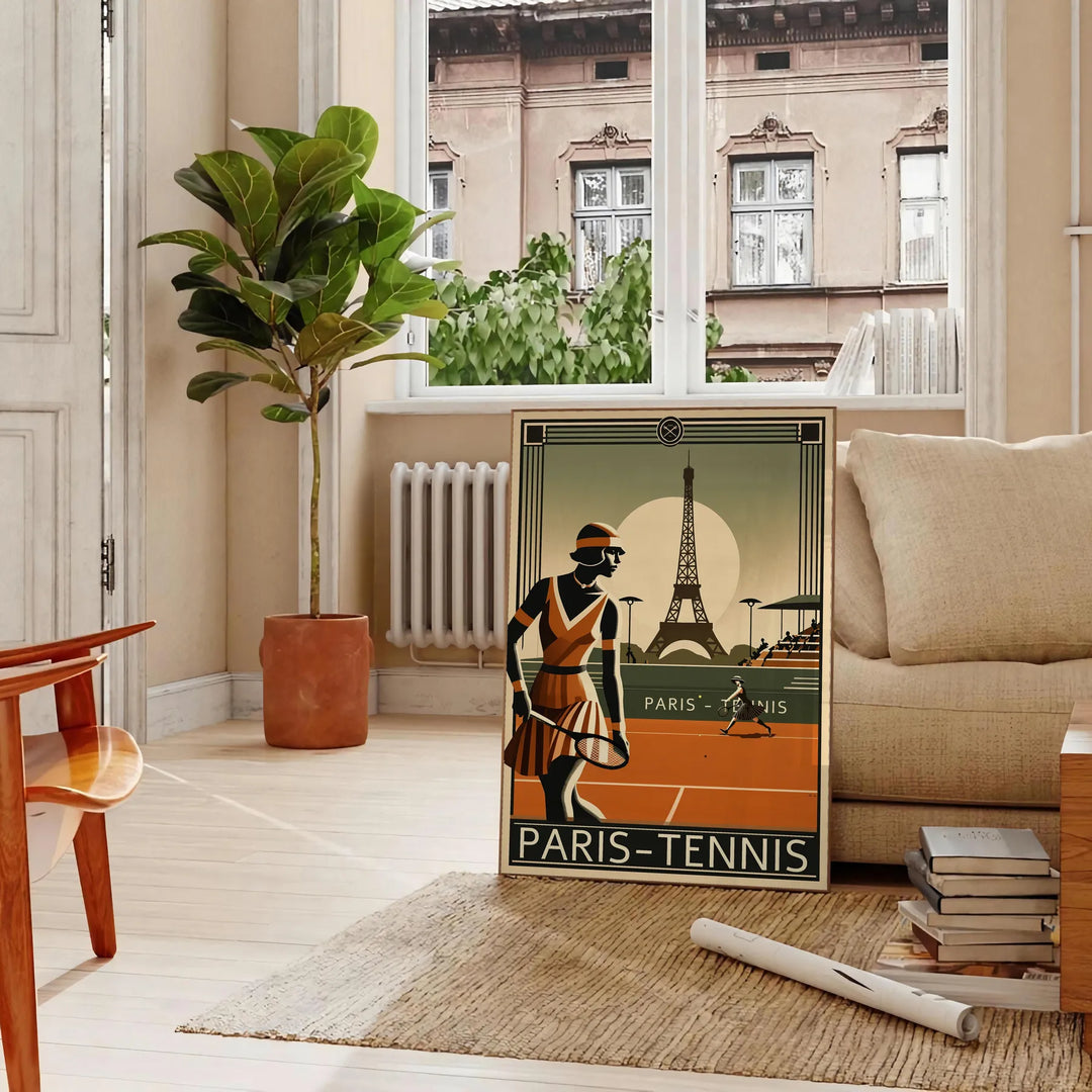 Black and brown Paris tennis art poster with elegant minimalist illustration
