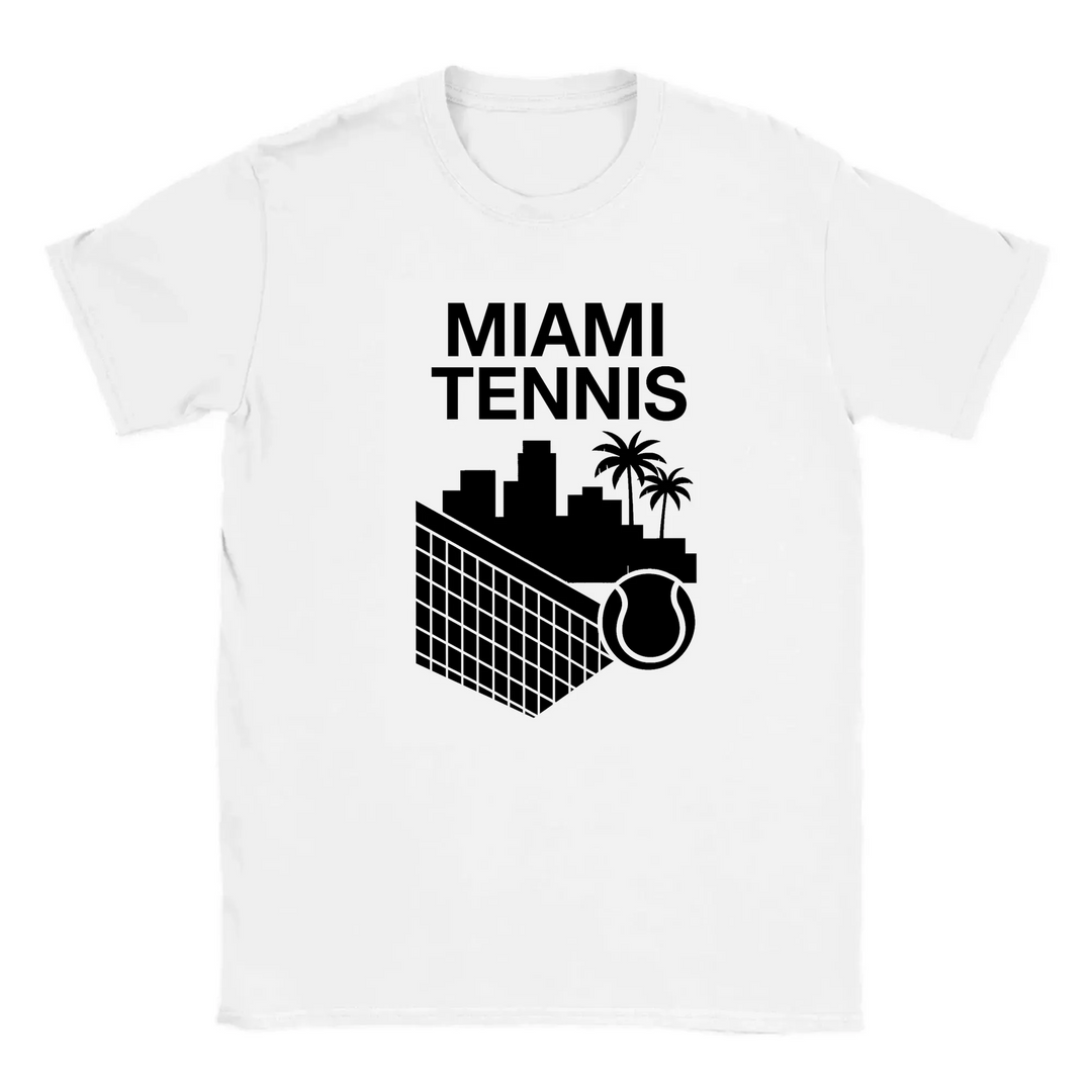 T-shirt featuring a graphic of a tennis player in action against a Miami skyline