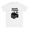 T-shirt featuring a graphic of a tennis player in action against a Miami skyline