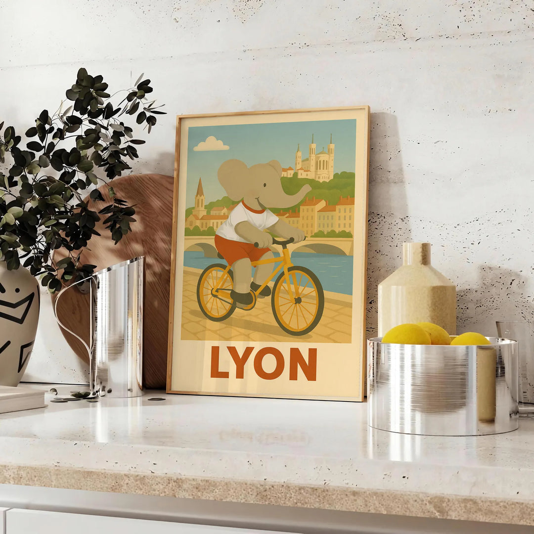 Whimsical elephant riding a bicycle through Lyon's streets
