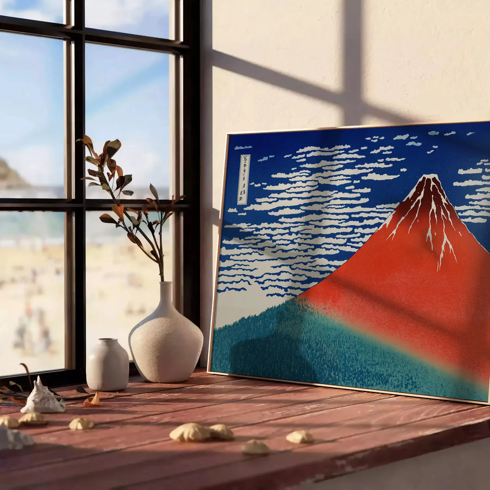 Traditional ukiyo-e style depiction of Mount Fuji in green and red