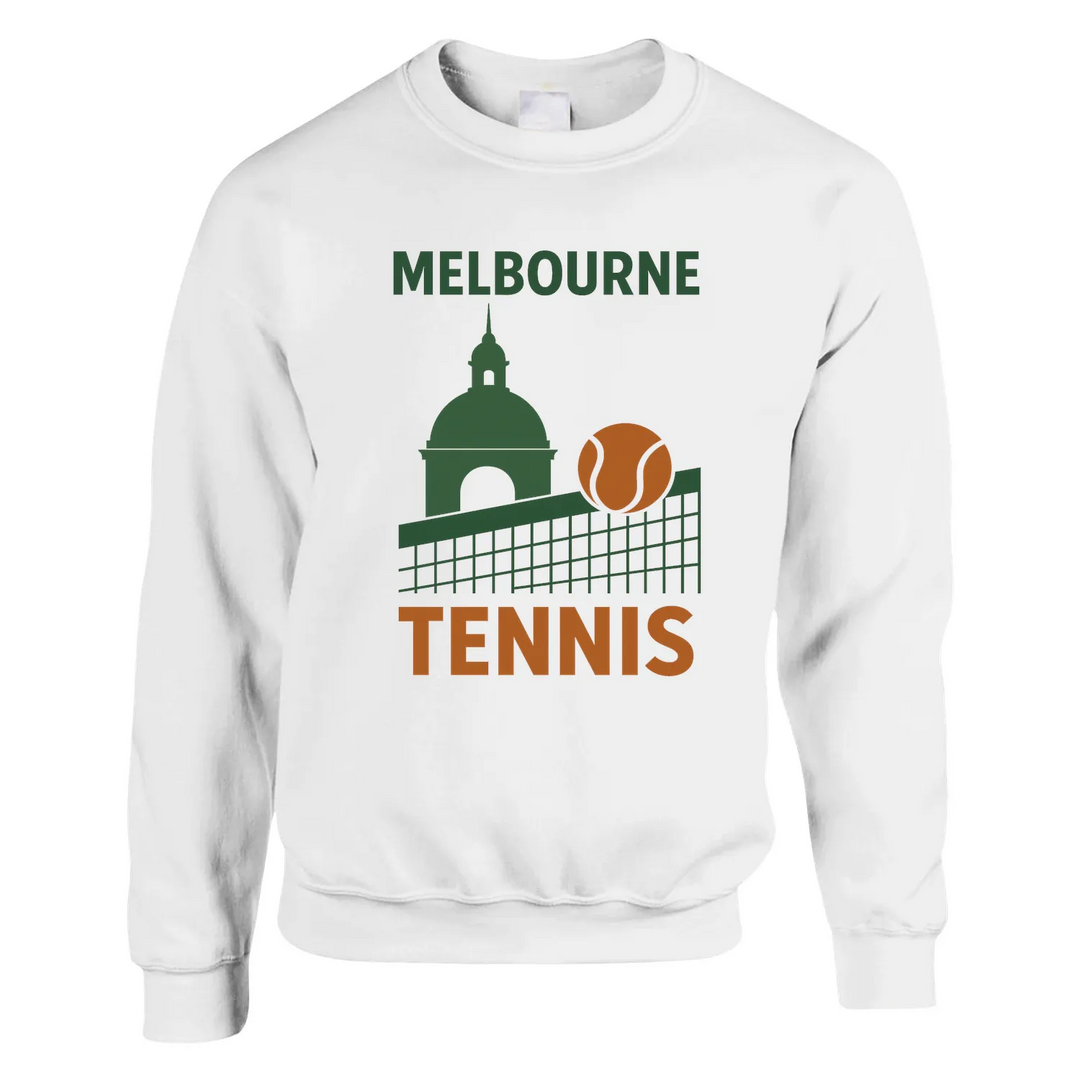 Unisex sweater featuring a retro tennis court graphic inspired by Melbourne
