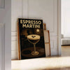Black and gray stylized espresso martini cocktail poster with minimalist design