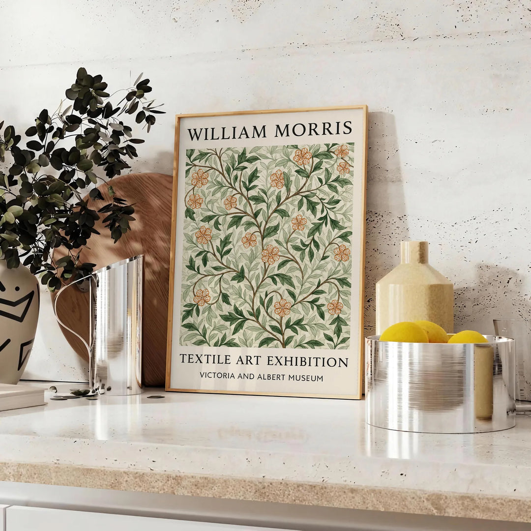Gray and brown William Morris botanical poster in vintage decorative style