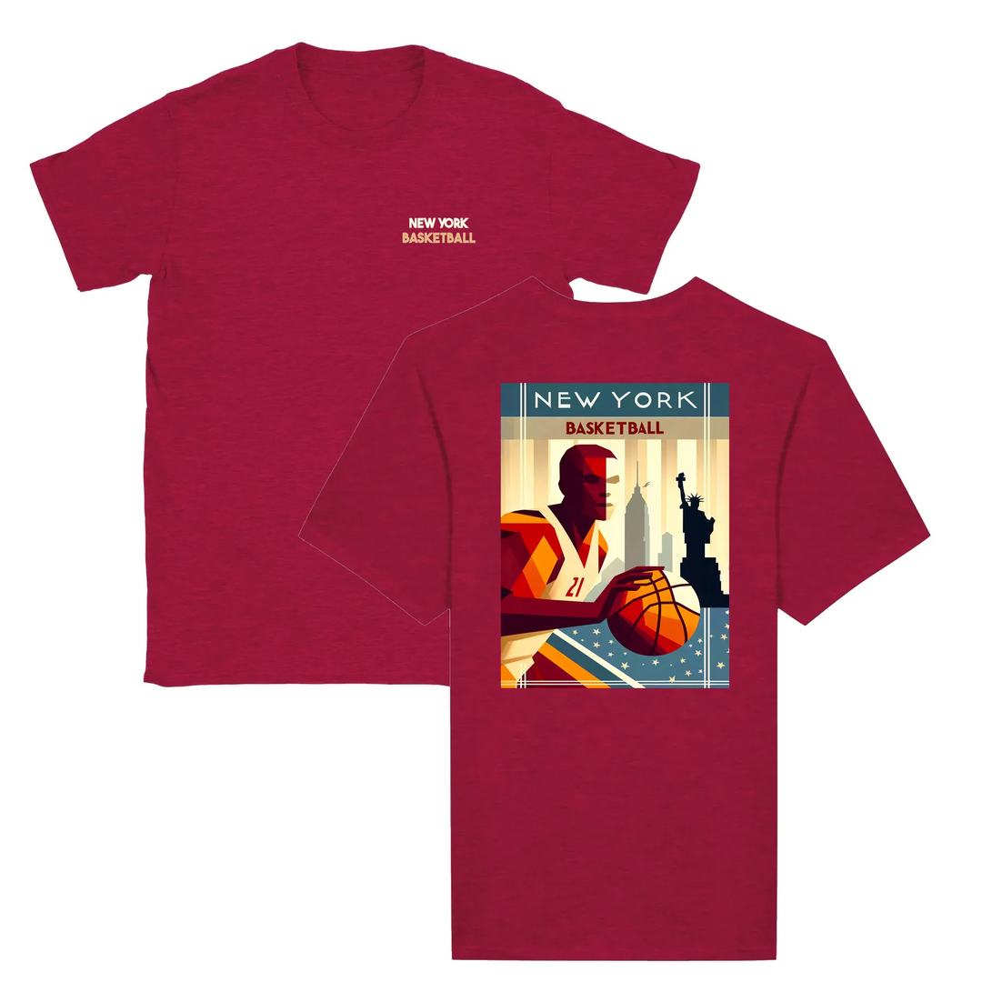 T-shirt featuring a graphic of a basketball and New York skyline