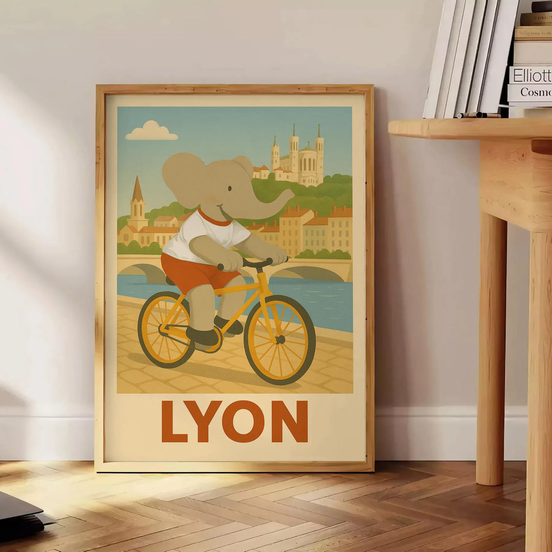 Whimsical elephant riding a bicycle through Lyon's streets