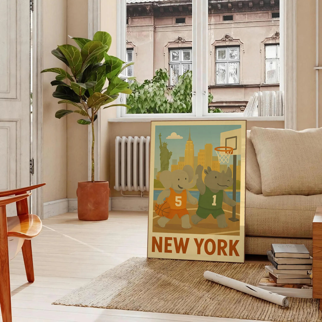 Illustration of an elephant and rhinoceros playing basketball in New York