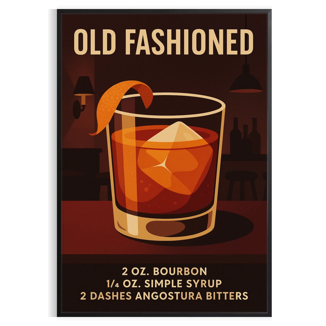 Black and gray poster of an Old Fashioned cocktail illustration