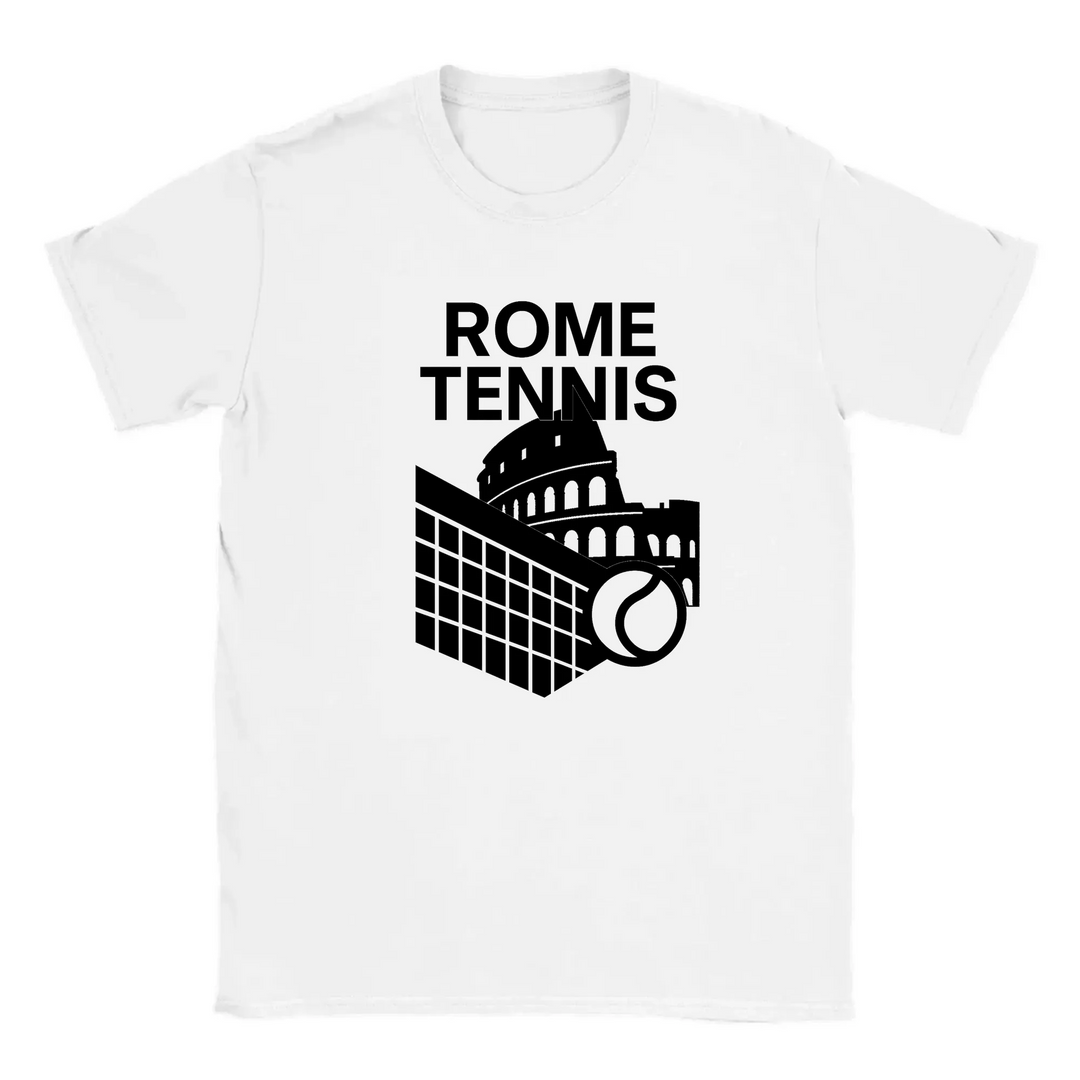 T-shirt featuring a graphic design of tennis elements with Rome landmarks