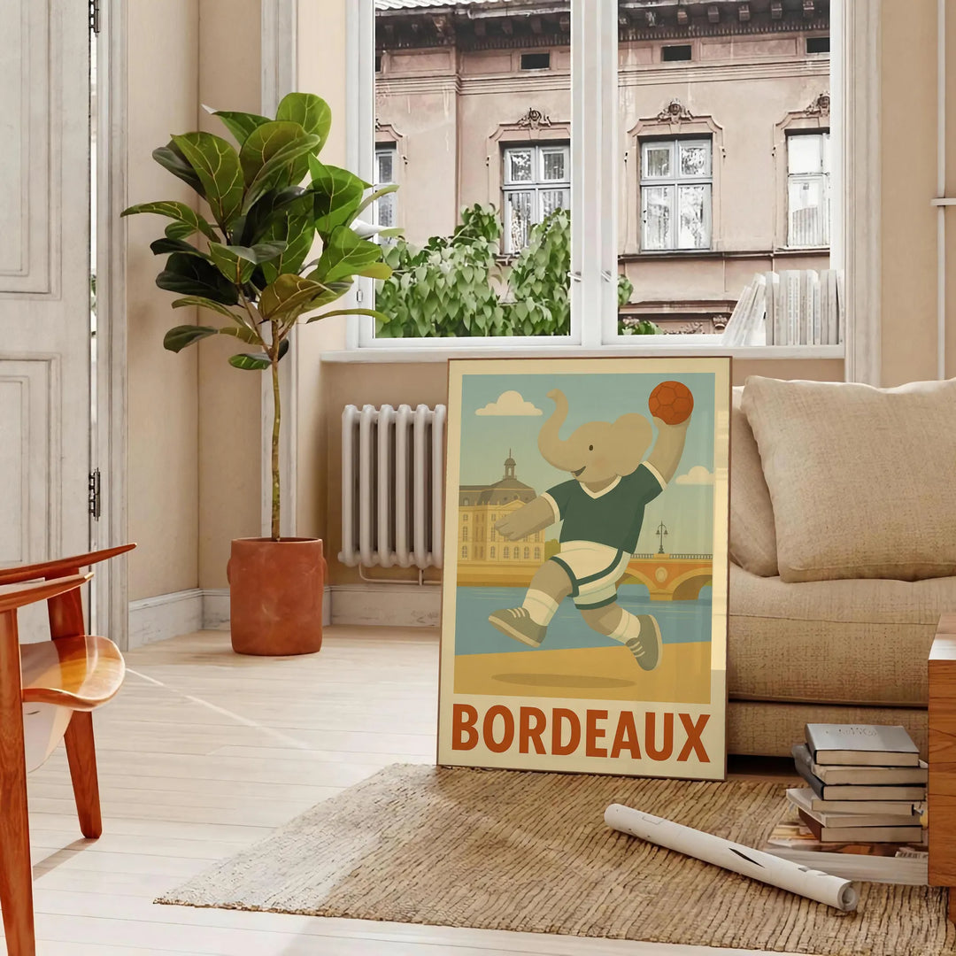 Playful kids handball elephant illustration poster in bordeaux, gray and green