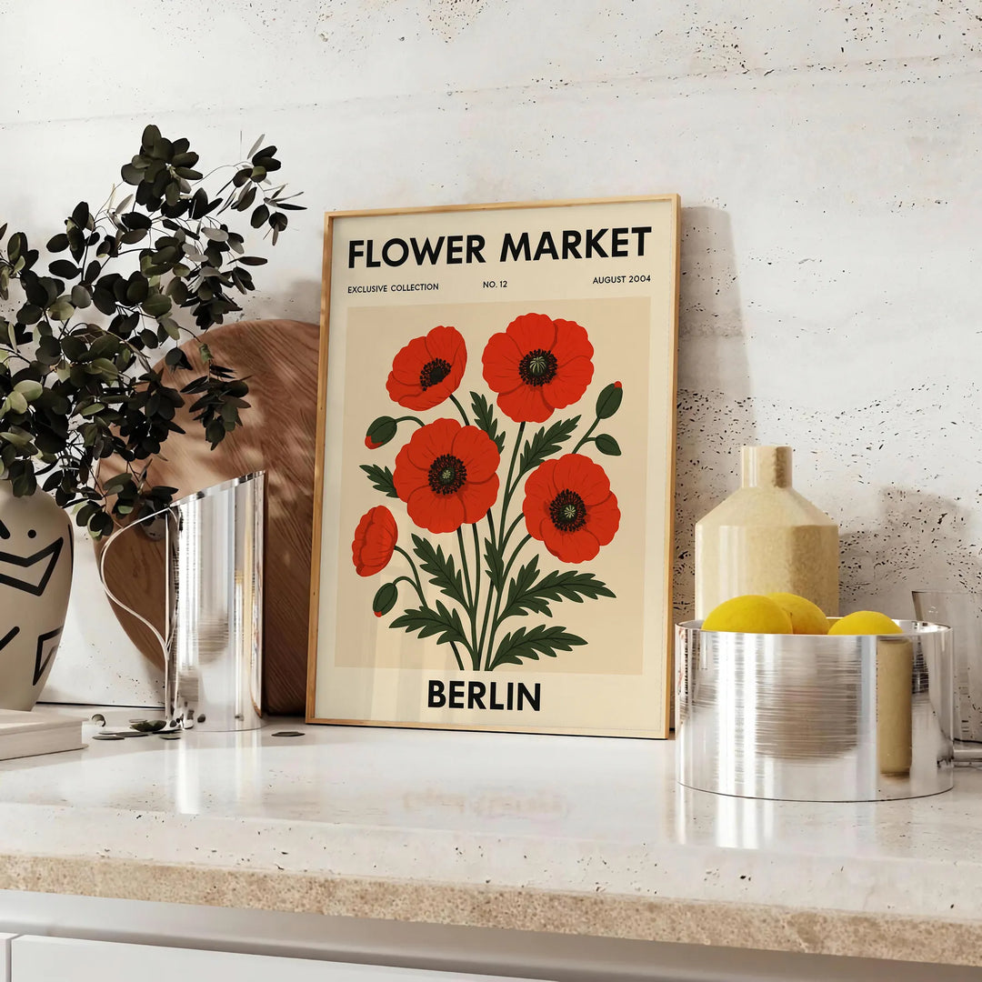 Botanical poster of Berlin flower market in black and red