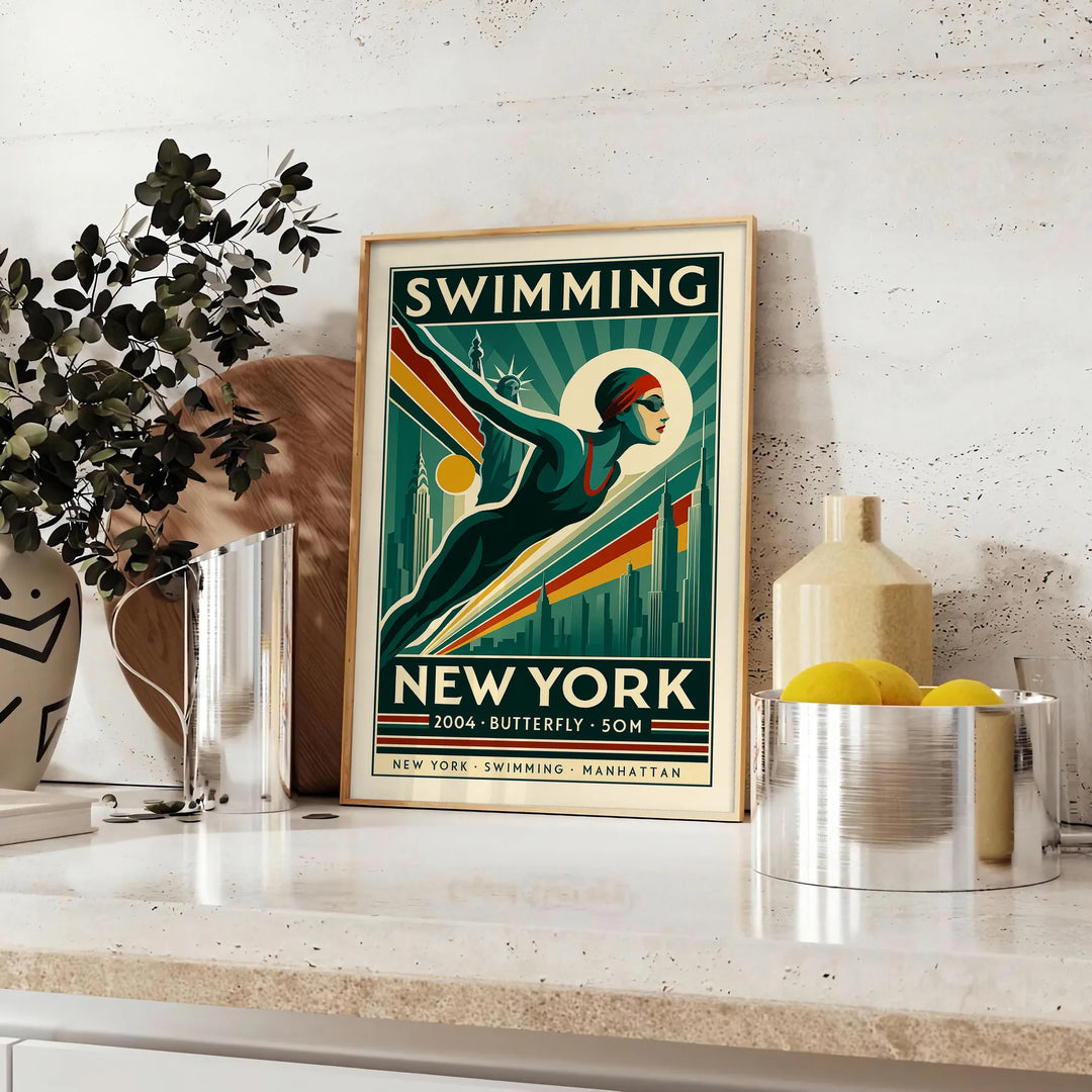 Retro illustration of a swimmer in bold green and orange against New York skyline