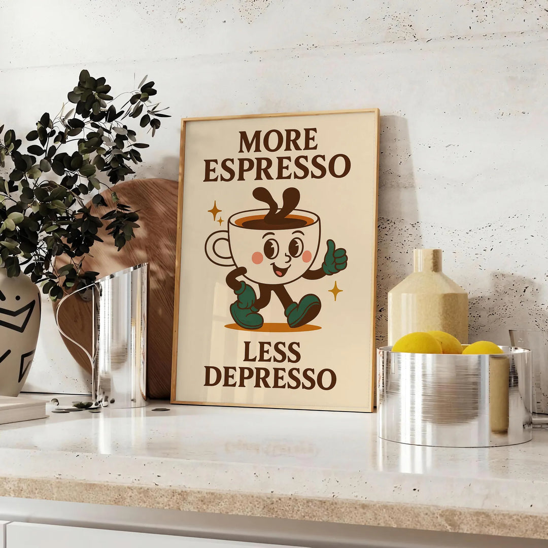 Plakat kuchenne z zieloną i niebieską typografią, przedstawiające 'More Espresso Less Depresso'