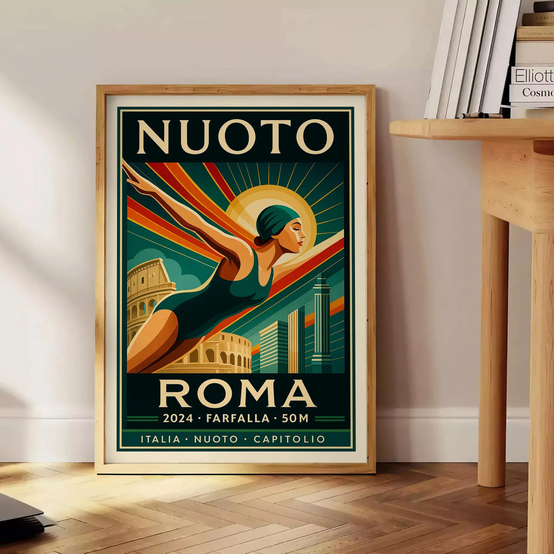 Stylized swimmer in motion with Roman columns in the background