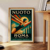 Stylized swimmer in motion with Roman columns in the background