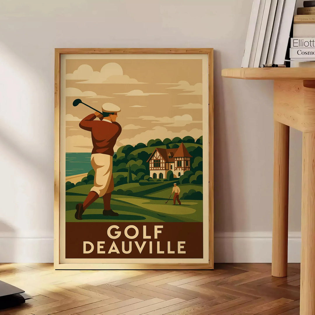 Poster showing vintage Deauville golf scene in brown and green tones